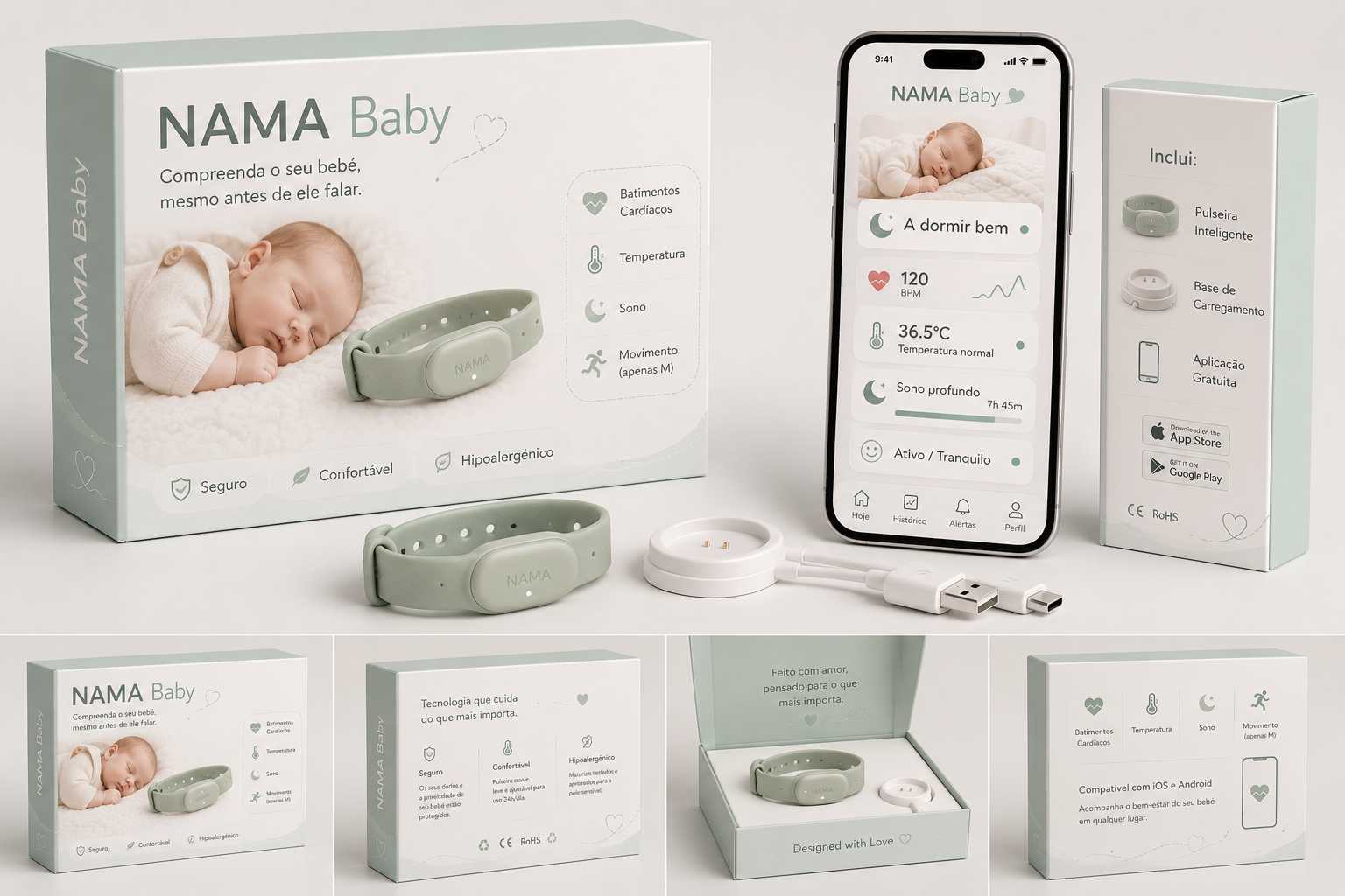 Embalagem da pulseira Nama Baby e a app no telemóvel